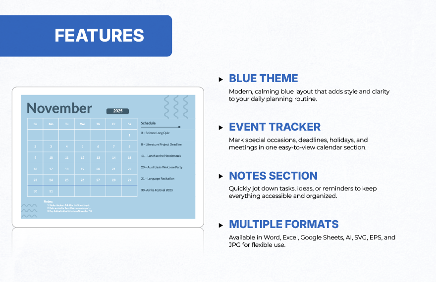 Blue November 2025 Calendar Template