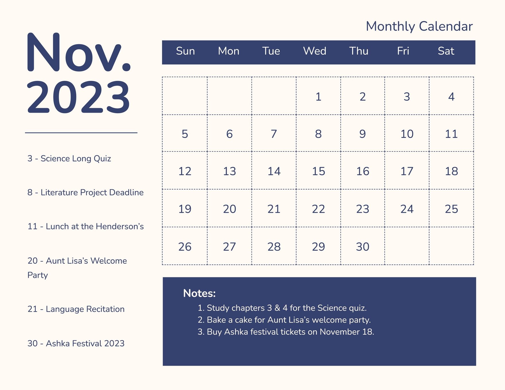 2November 2023 Monthly Calendar Template