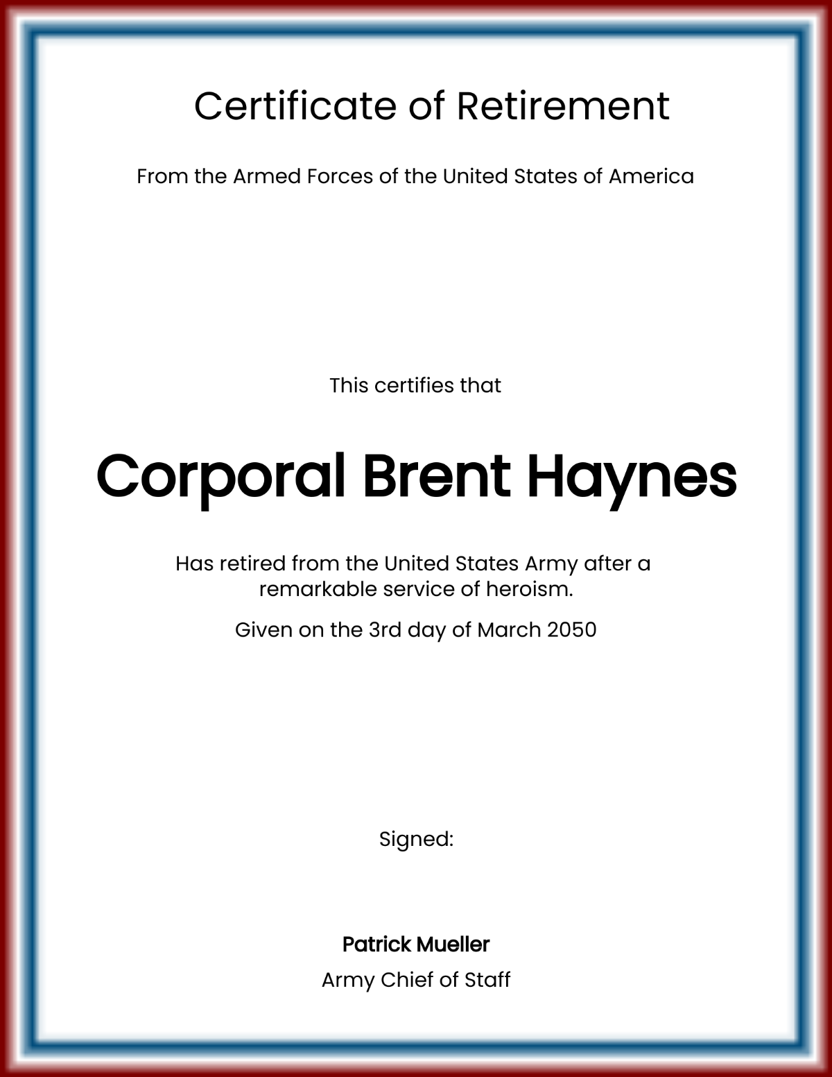 Certificate Of Retirement US Army Template