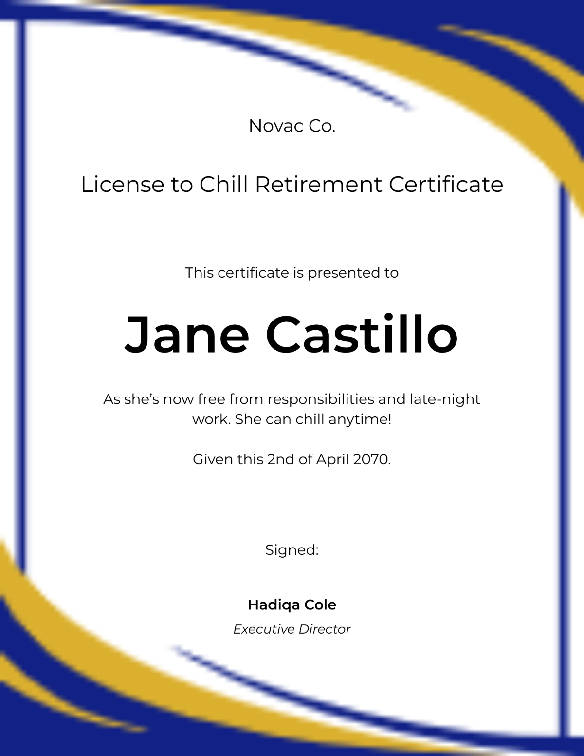 License To Chill Retirement Certificate Template