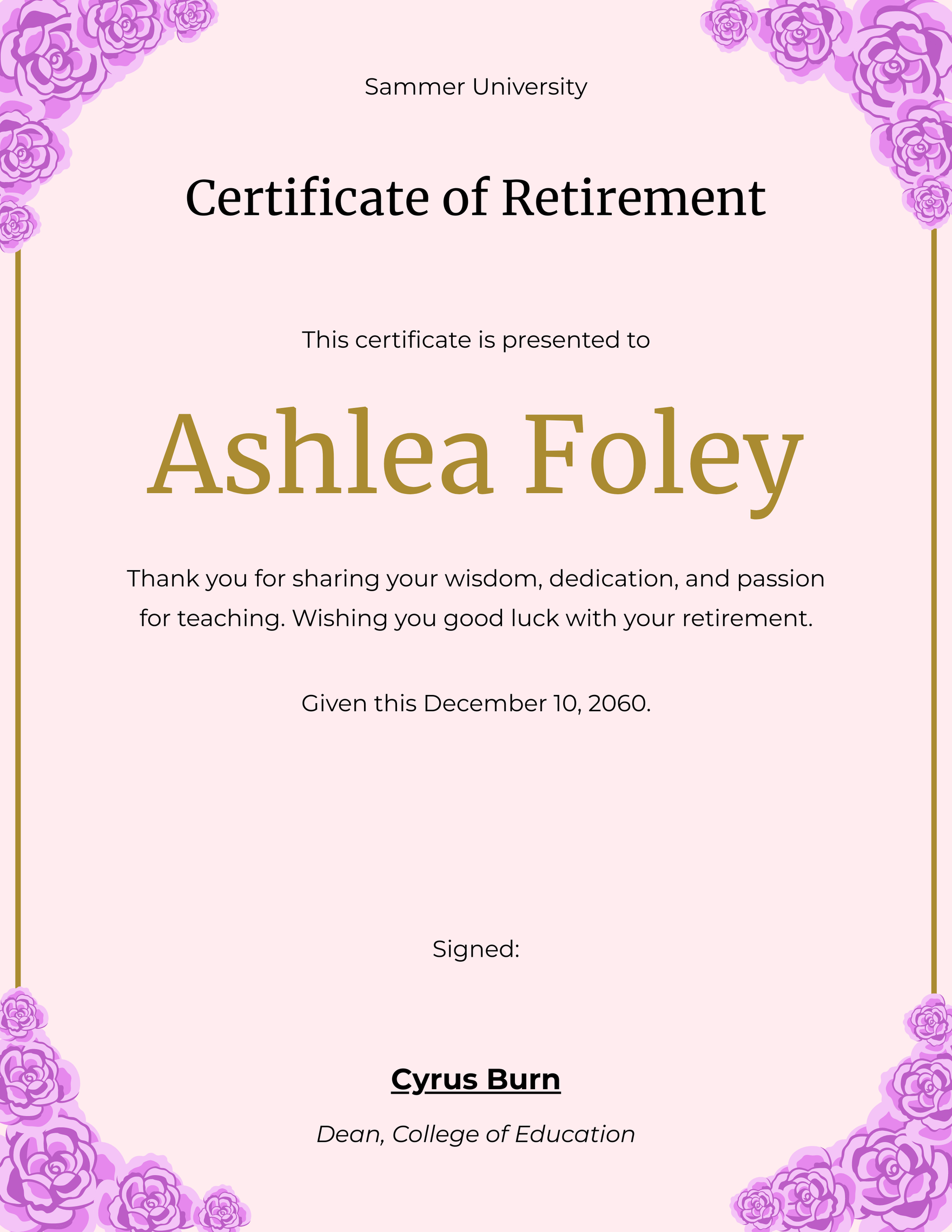 Retirement Certificate For Teacher In Pages Illustrator PSD Word