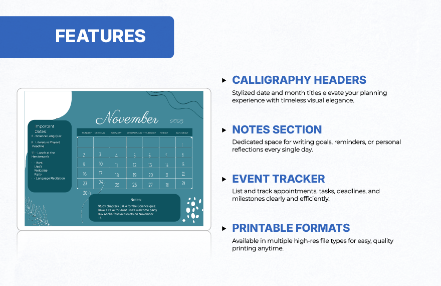 Calligraphy November 2025 Calendar