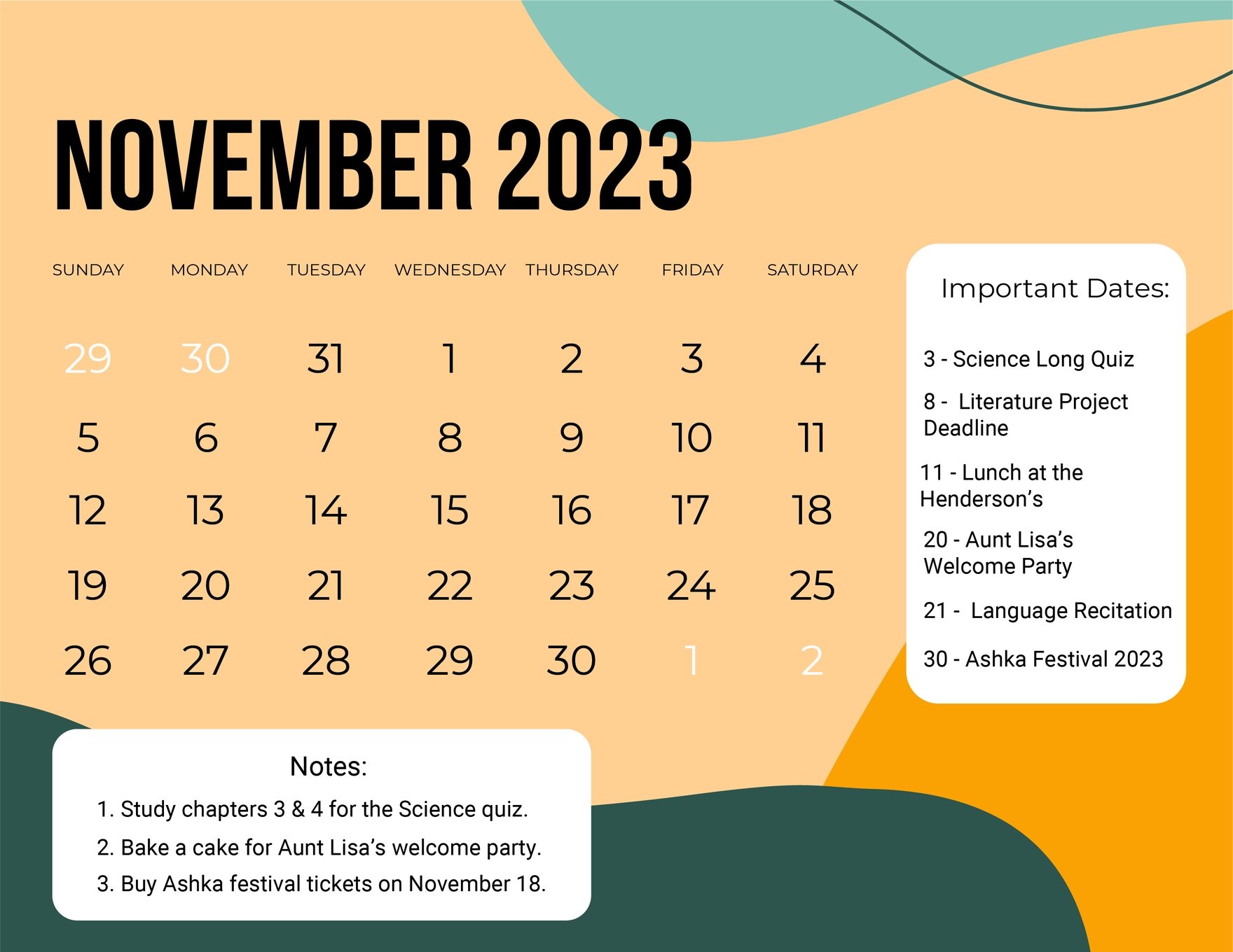 Simple November 2023 Calendar