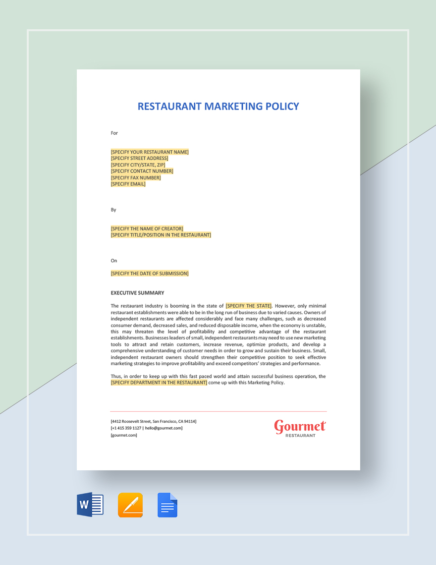 Restaurant Marketing Policy Template