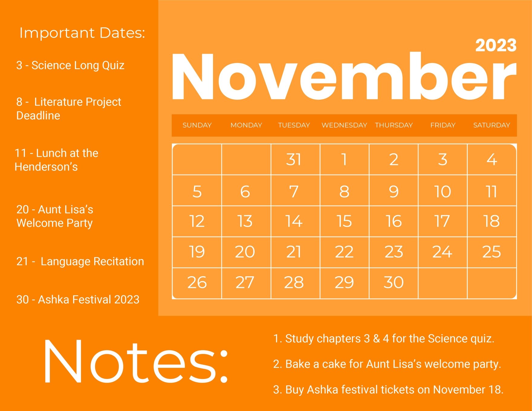 Printable November 2023 Monthly Calendar