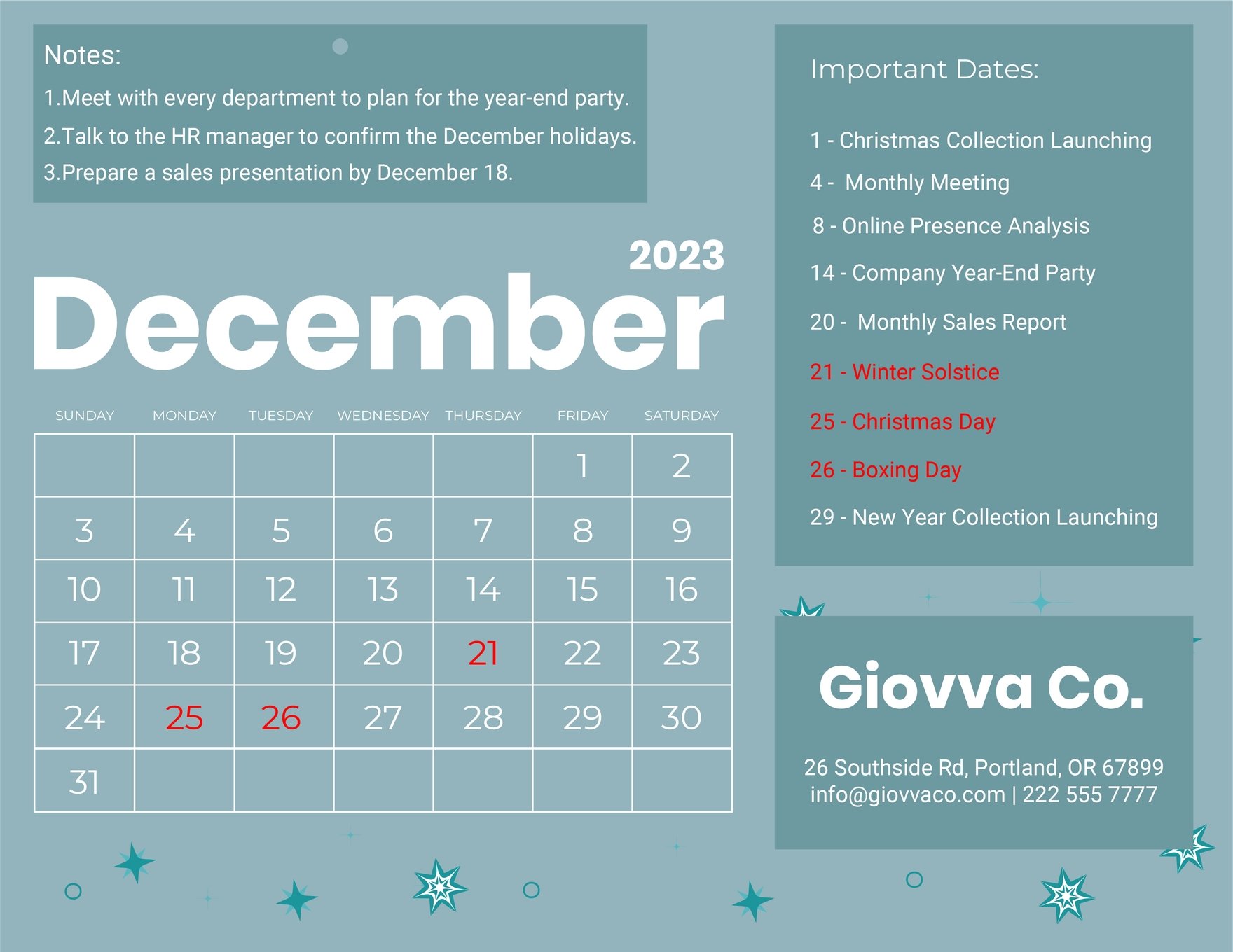 December 2023 Calendar  With Holidays