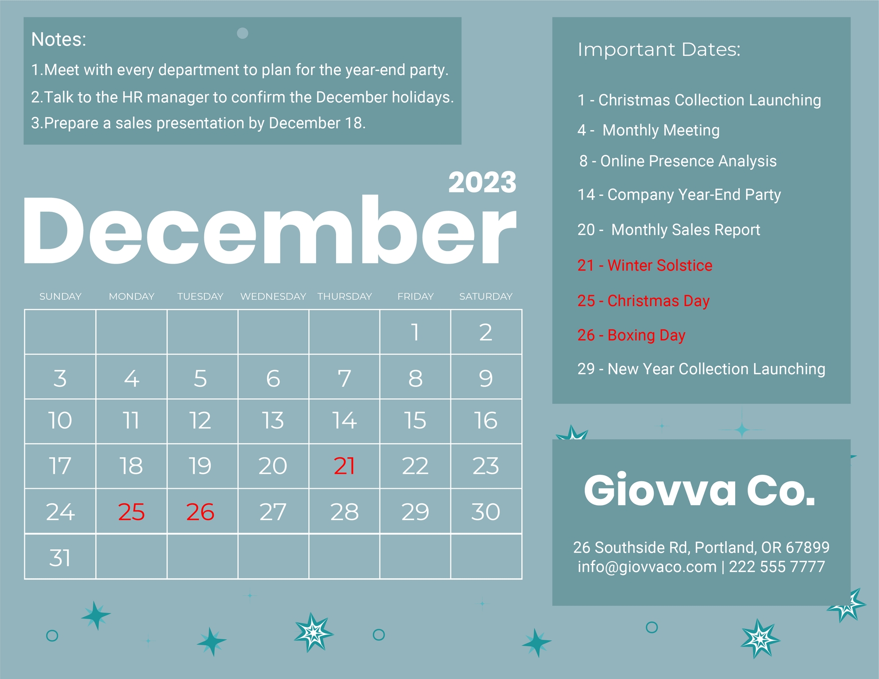 December 2023 Calendar  With Holidays in Word, Google Docs, Illustrator, EPS, SVG, JPG