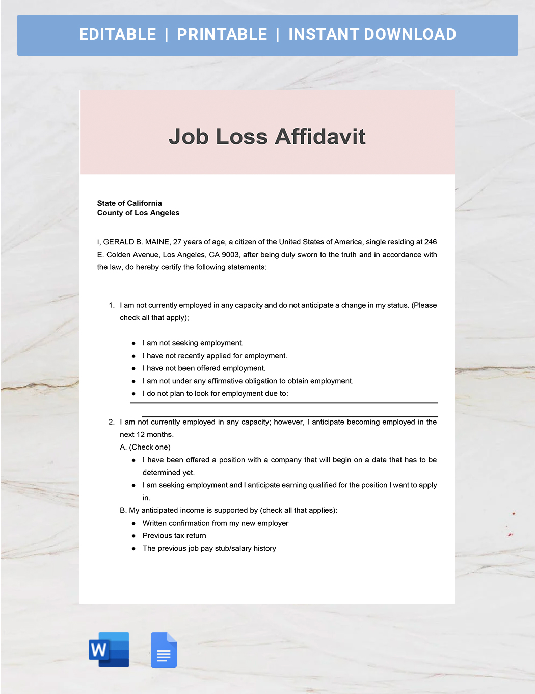 Job Loss Affidavit Template - Google Docs, Word, PDF | Template.net