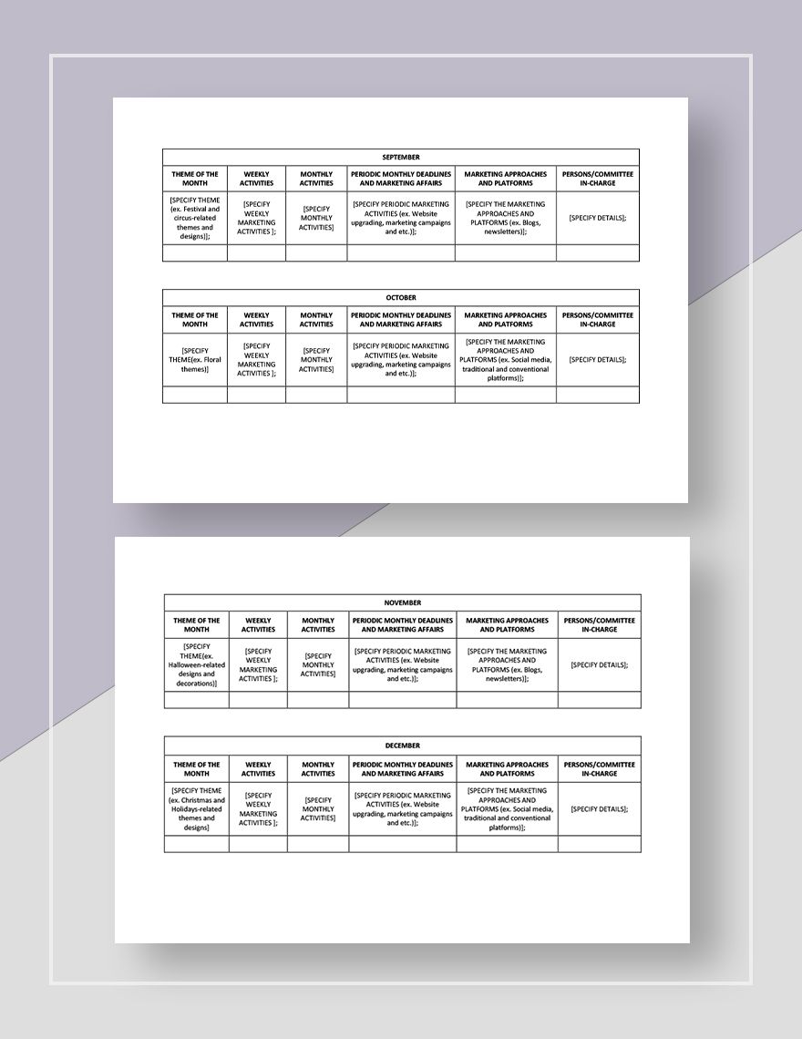 Restaurant Marketing Planning Calendar Template in Pages, Word, Google