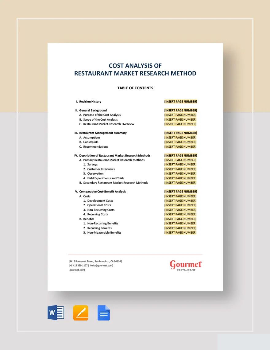 Cost Analysis of Restaurant Market Research Method Template