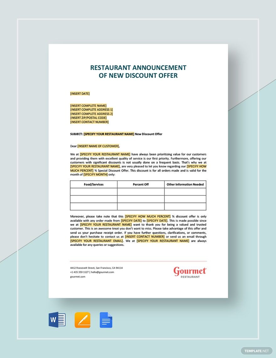 Free Restaurant Announcement of New Discount Offer Template