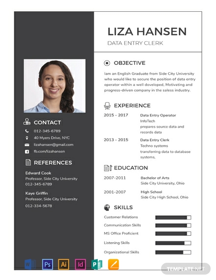 Data Entry Clerk Resume Template - Illustrator, InDesign, Word, Apple Pages, PSD, Publisher