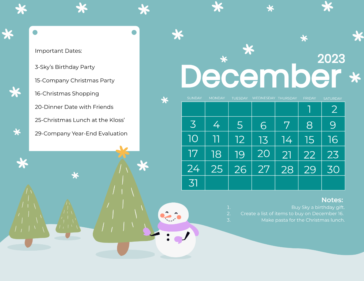 Cute December 2023 Calendar Template
