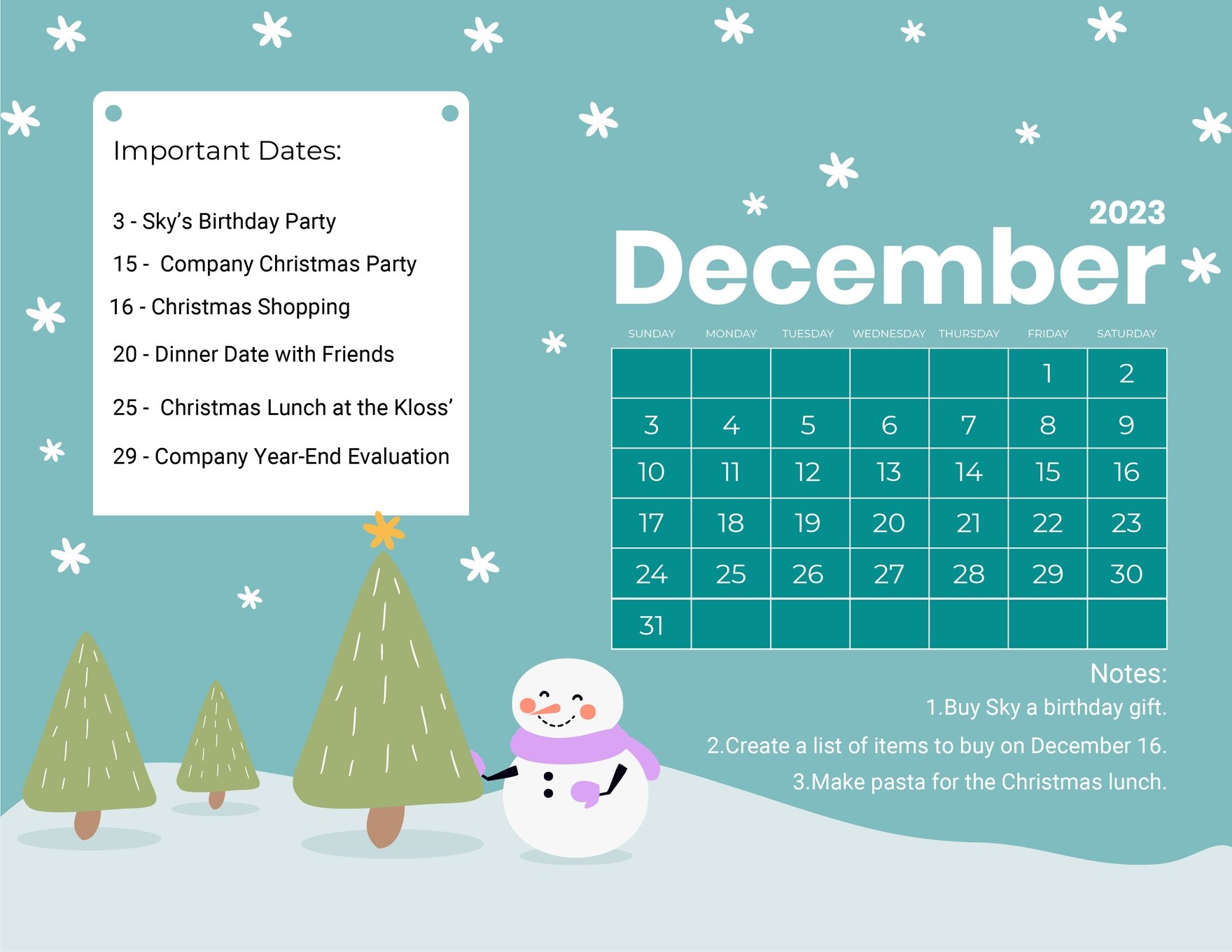 Cute December 2023 Calendar