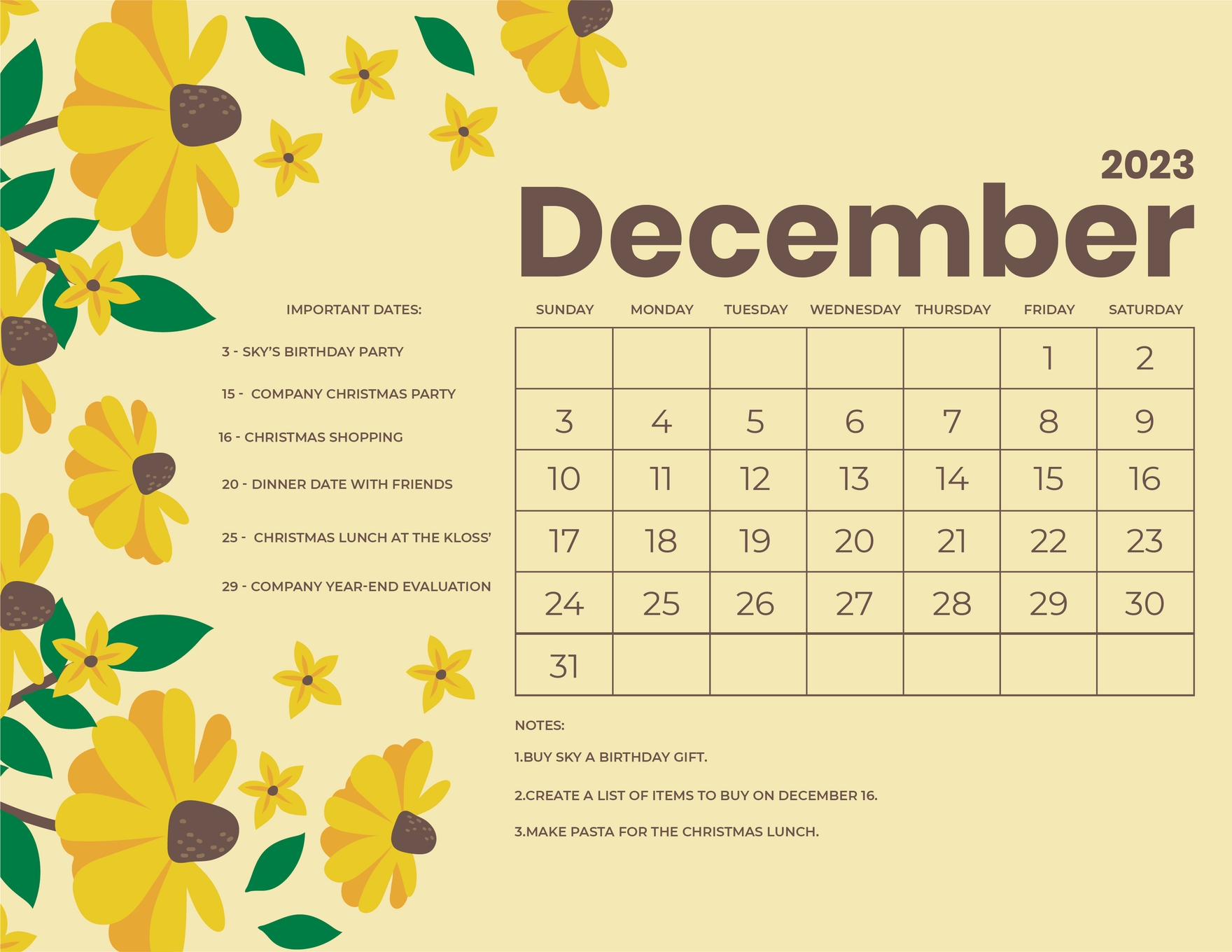 Free Floral December 2023 Calendar EPS Google Docs Illustrator JPG 