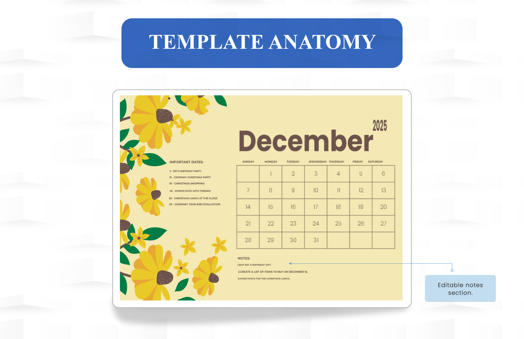 Floral December 2025 Calendar