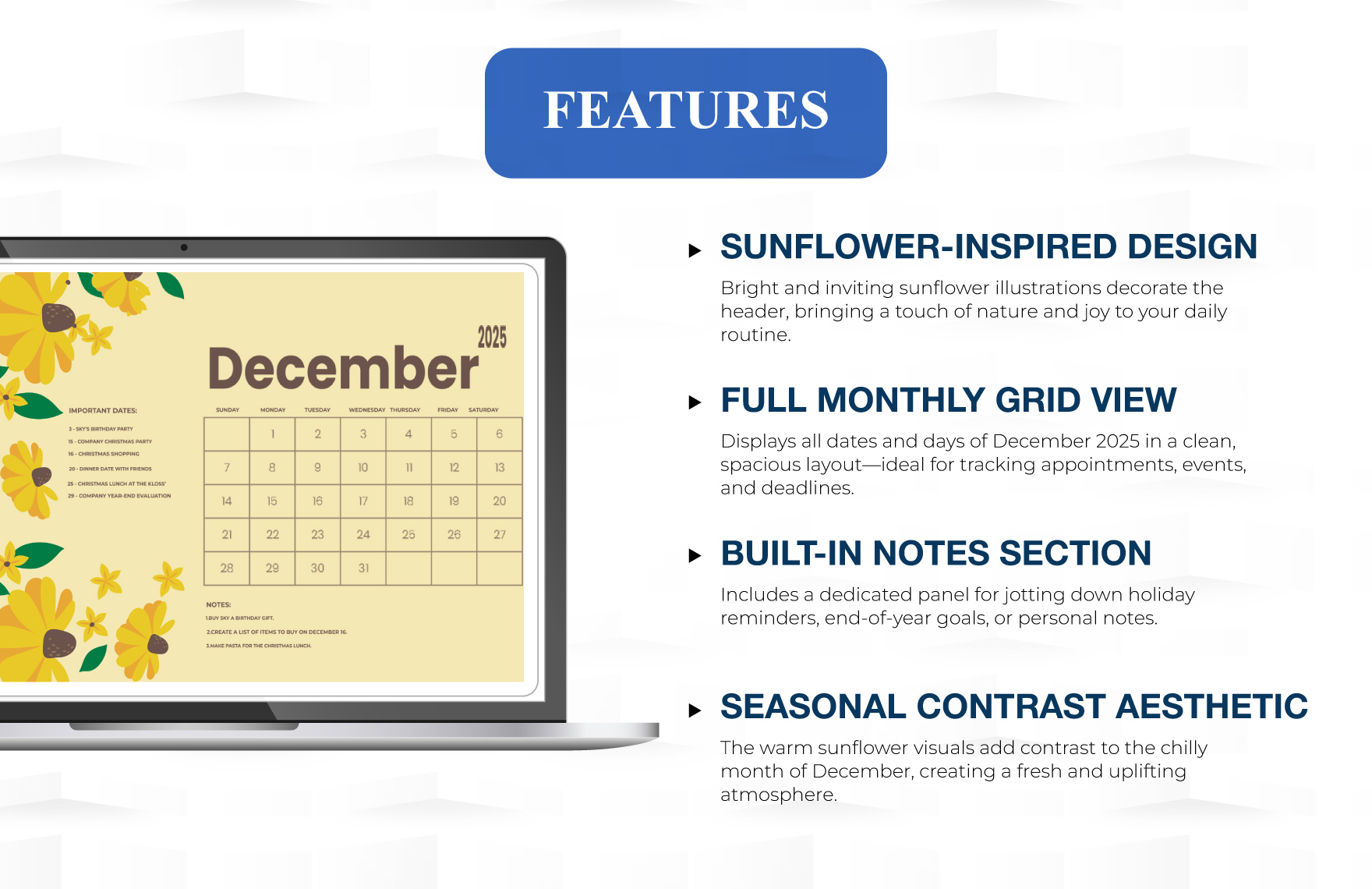 Floral December 2025 Calendar