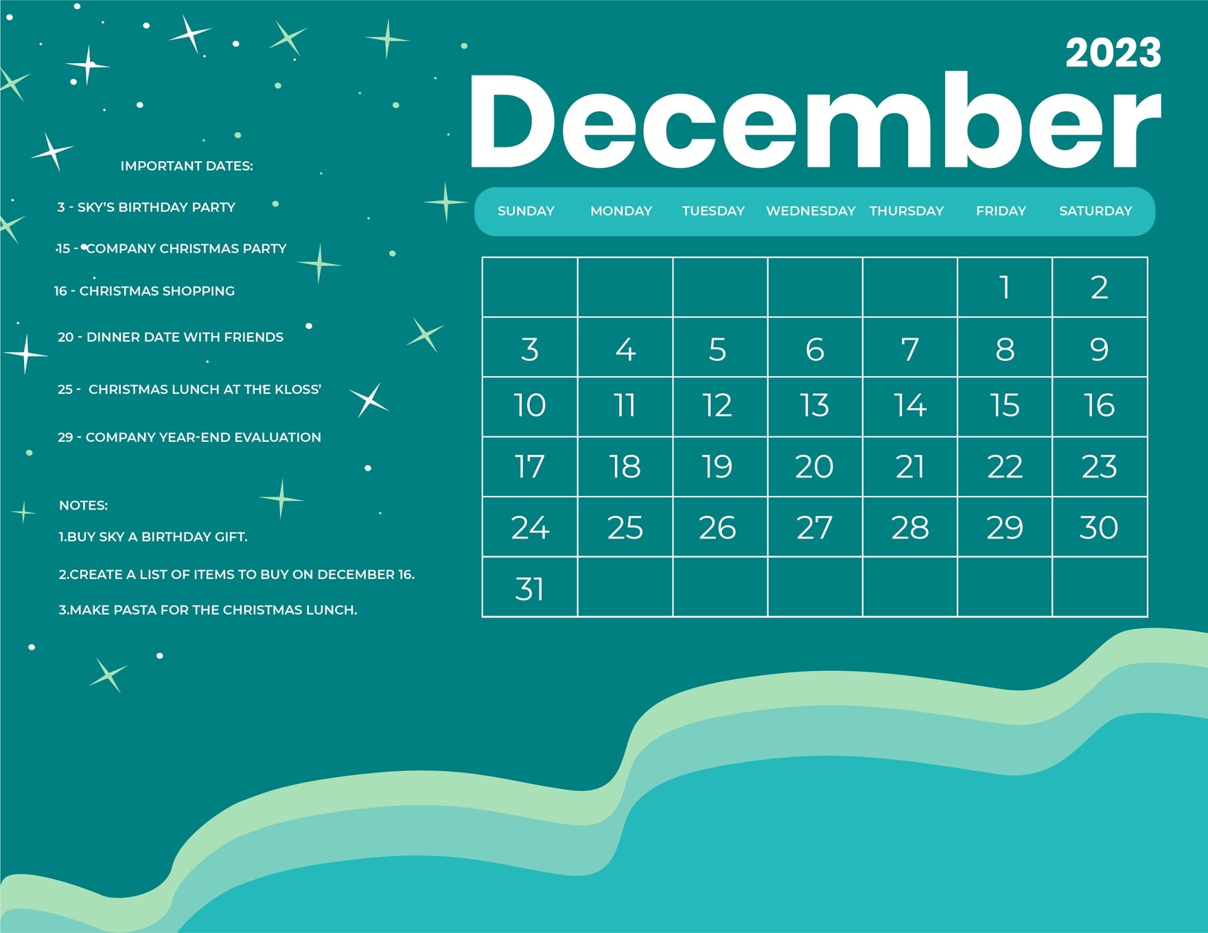 Pretty December 2023 Calendar