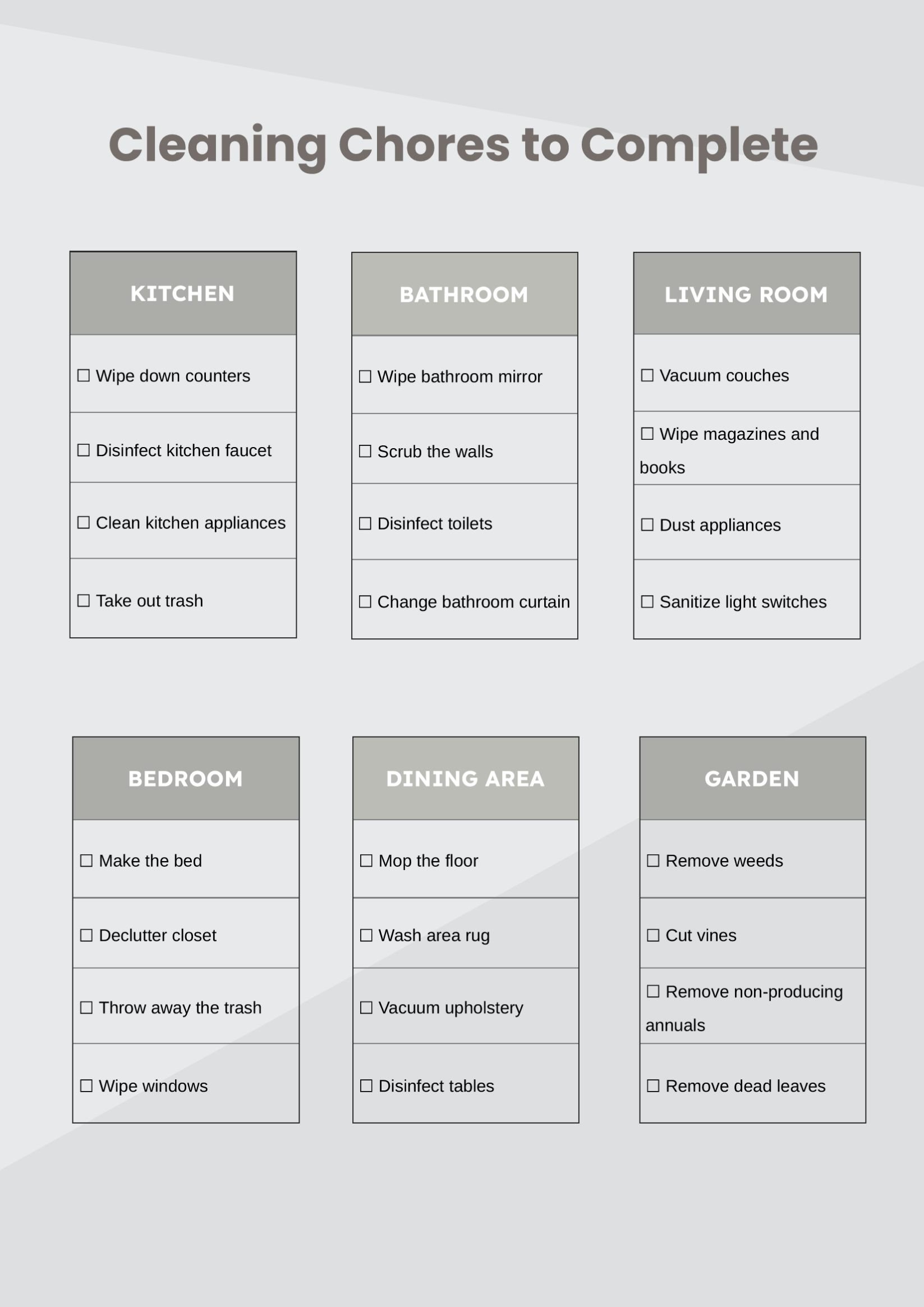 Chore/cleaning Chart in PDF, Illustrator