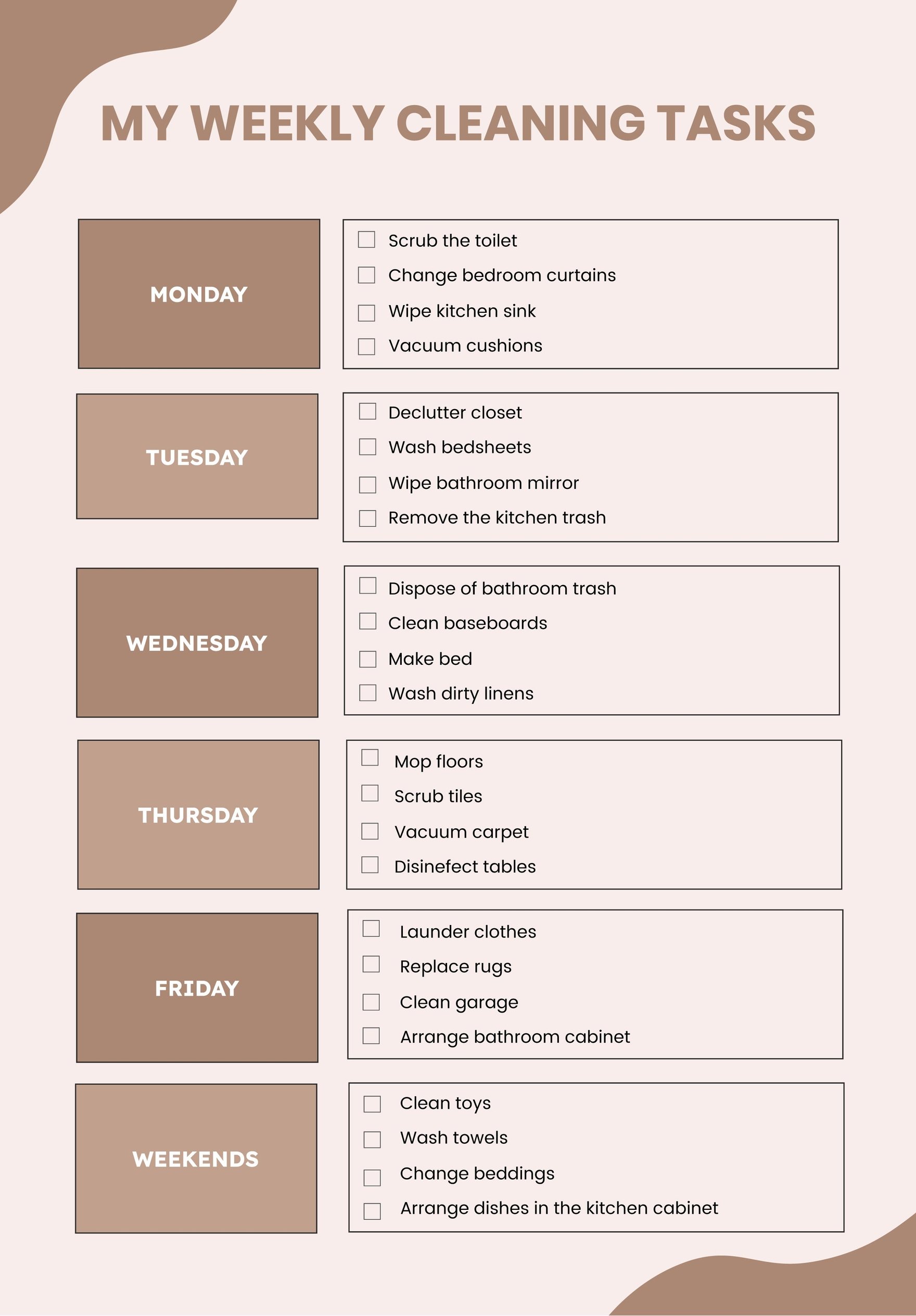 Weekly Cleaning Chart in PDF, Illustrator