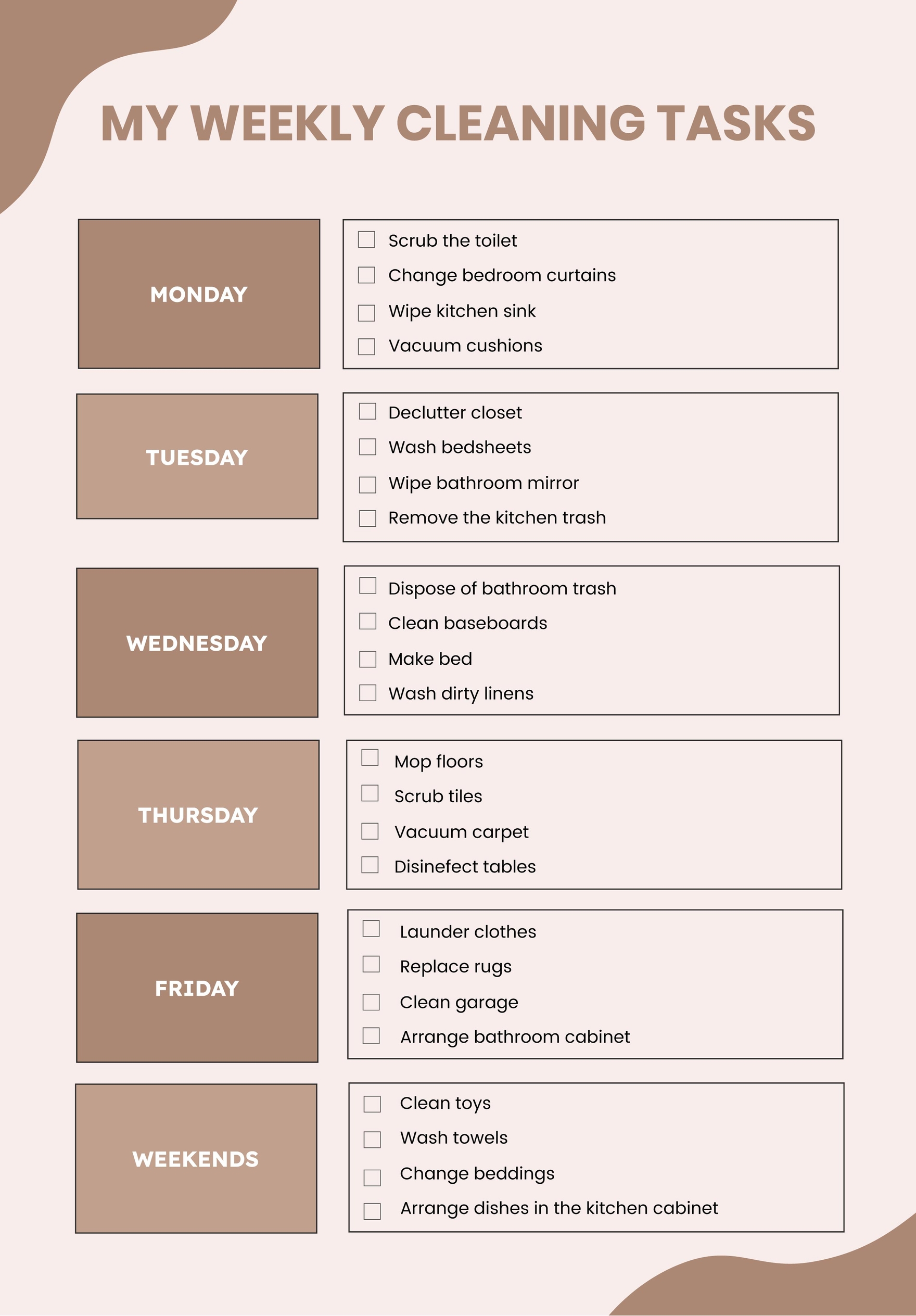 Weekly Cleaning Chart In PDF Illustrator Download Template