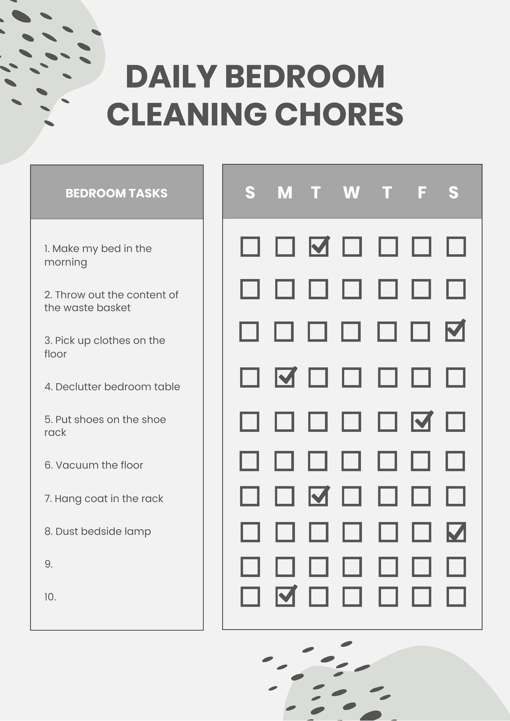 Daily Bedroom Cleaning Chart