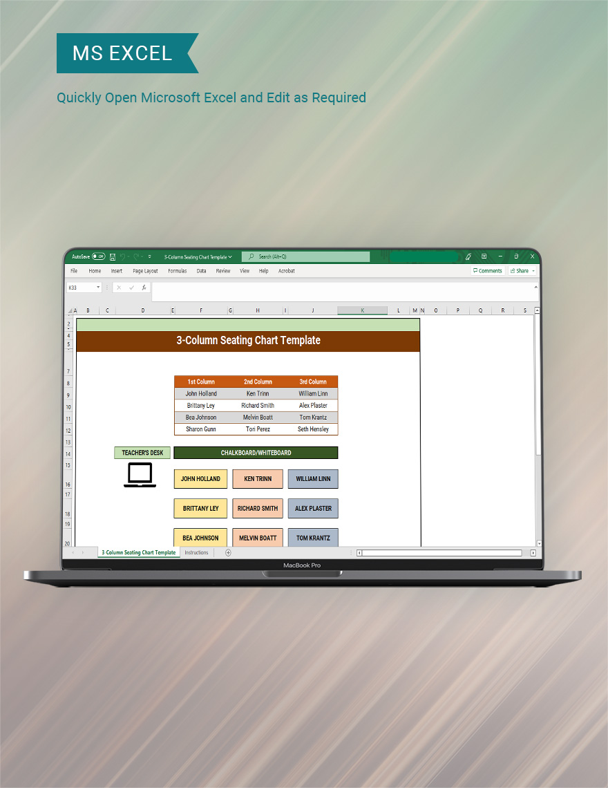 3-column Seating Chart Template - Google Sheets, Excel 