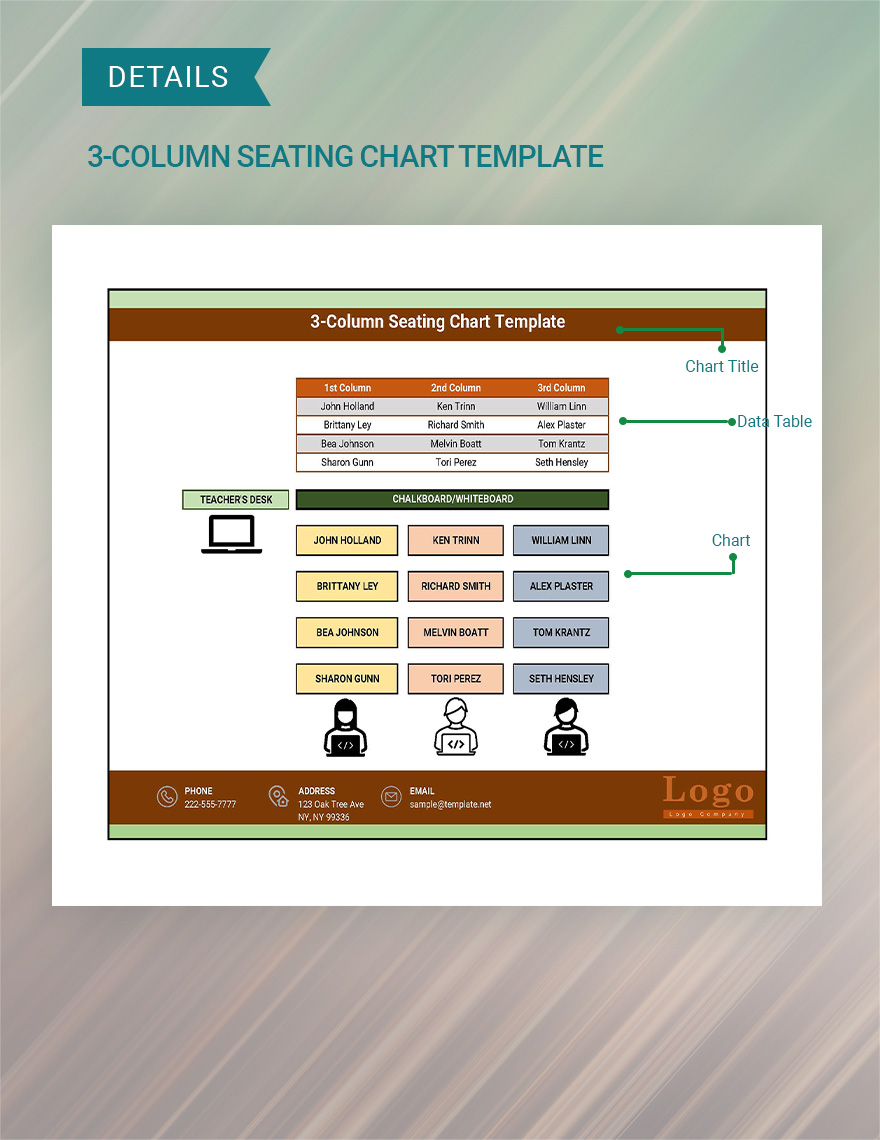 3Column Seating Chart Template Google Sheets, Excel