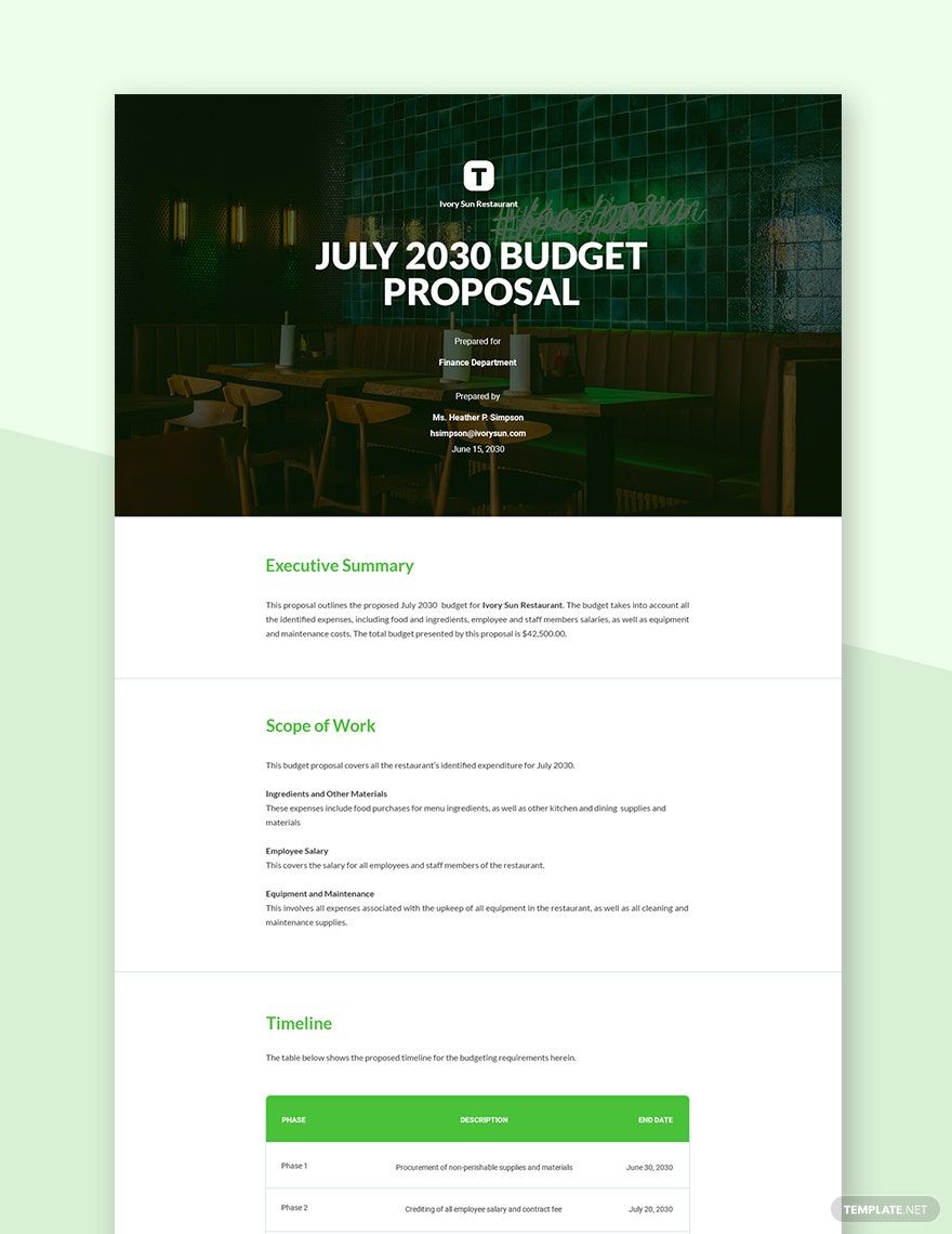 Restaurant Budget Proposal Template