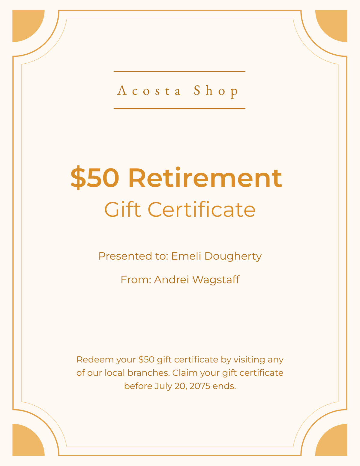 Sample Retirement Gift Certificate Template