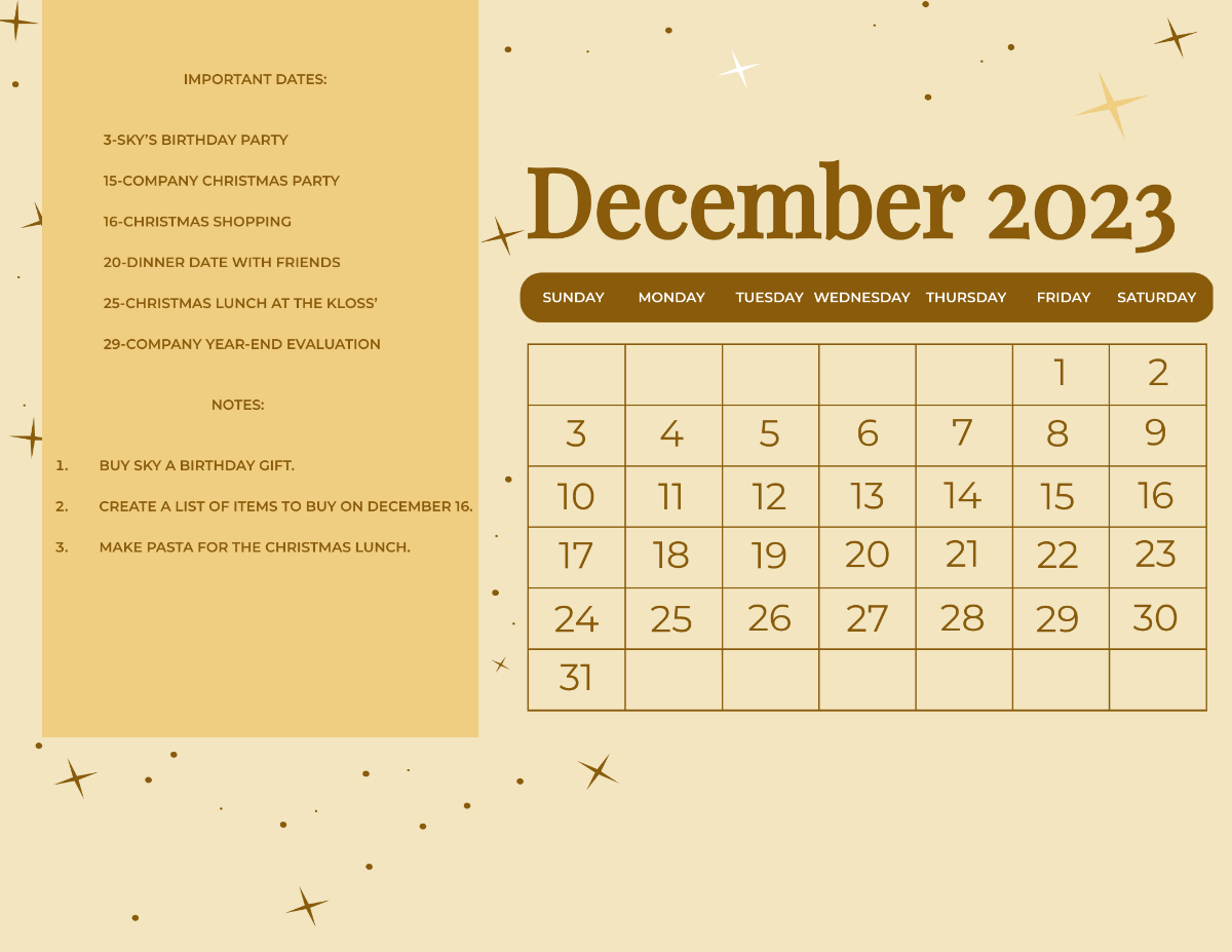 Fancy December 2023 Calendar Template