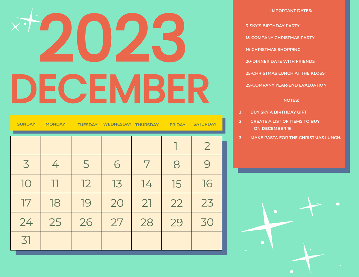 Colorful December 2023 Calendar Template
