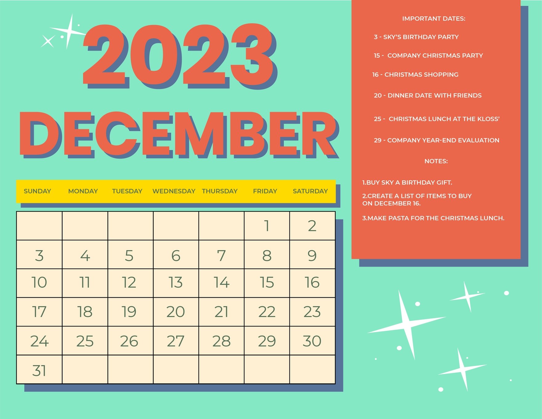 Colorful December 2023 Calendar