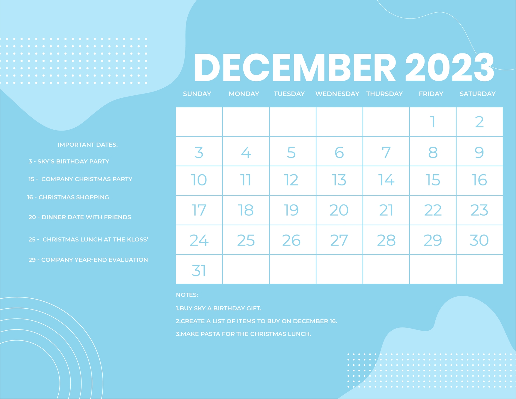 Blue December 2023 Calendar in EPS, Illustrator, JPG, Word, SVG, Google