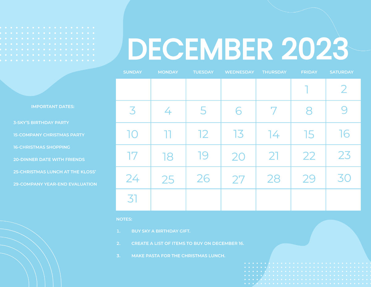 Blue December 2023 Calendar Template