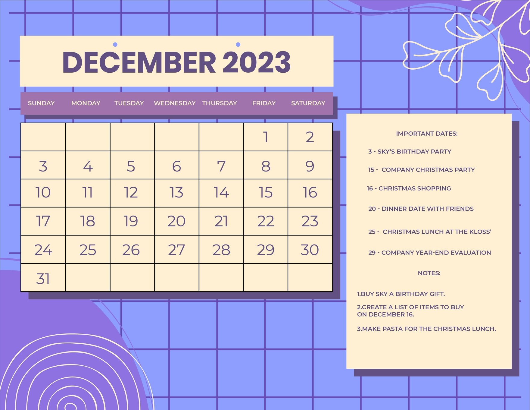 December 2023 Monthly Calendar in Word, Google Docs, Illustrator, EPS, SVG, JPG