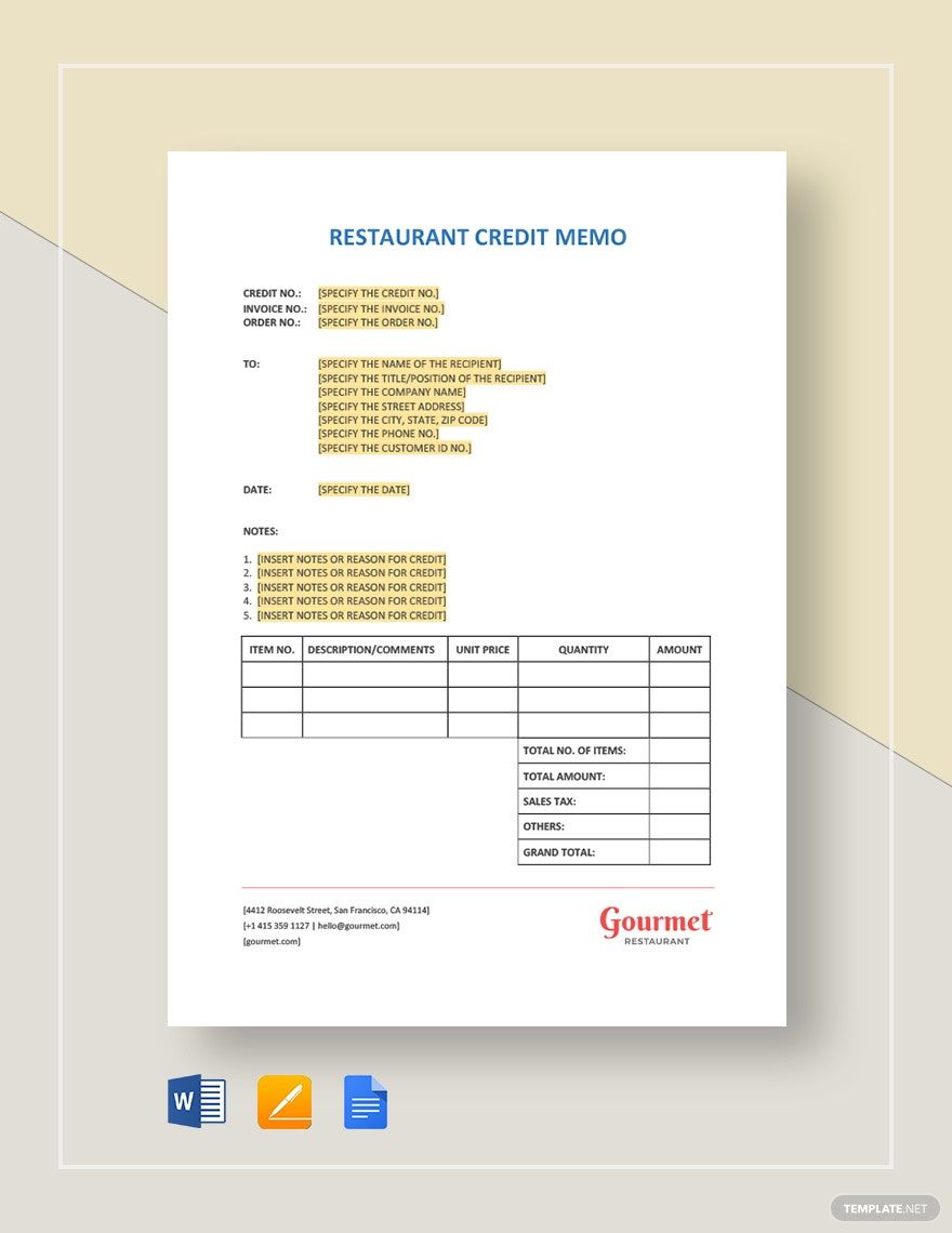 Restaurant Credit Memo Template in Word, Google Docs, Apple Pages