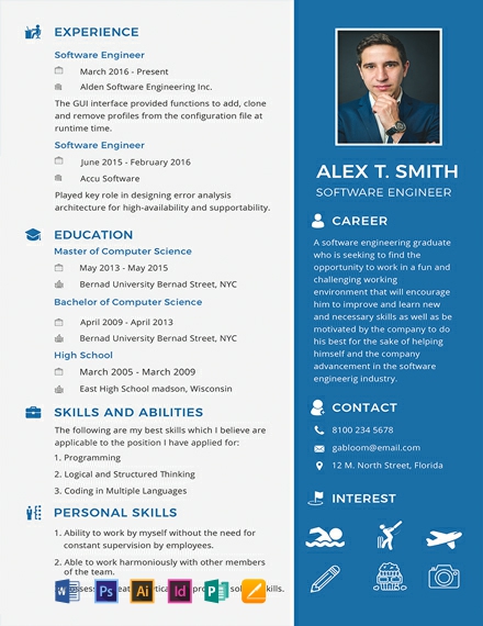 Resume for Software Engineer Fresher Template - Illustrator, InDesign, Word, Apple Pages, PSD, Publisher