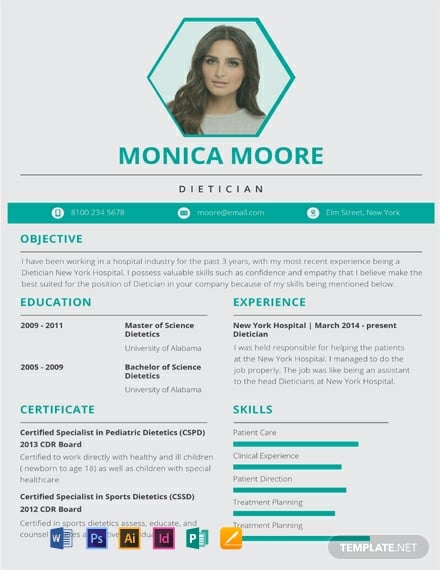 Dietitian Resume Template - Illustrator, InDesign, Word, Apple Pages, PSD, Publisher