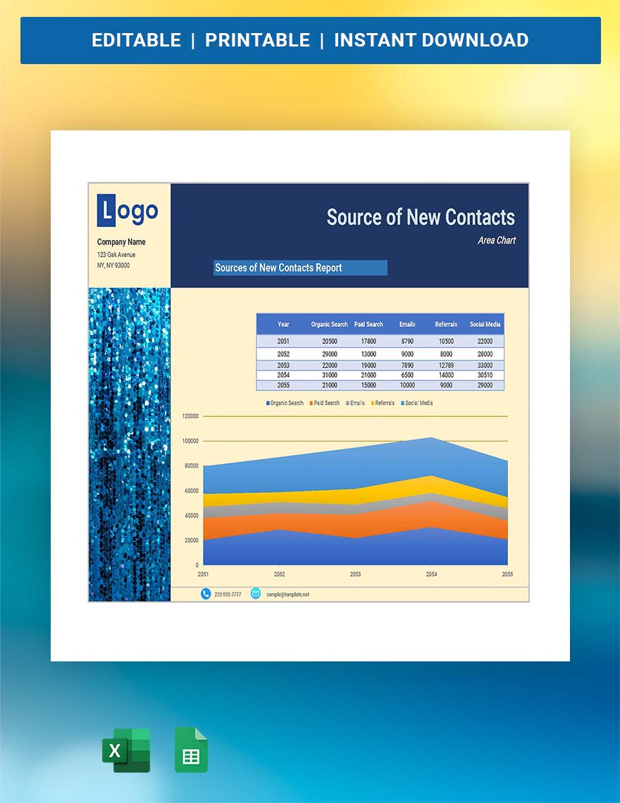 Source of New Contacts Area Chart Google Sheets, Excel