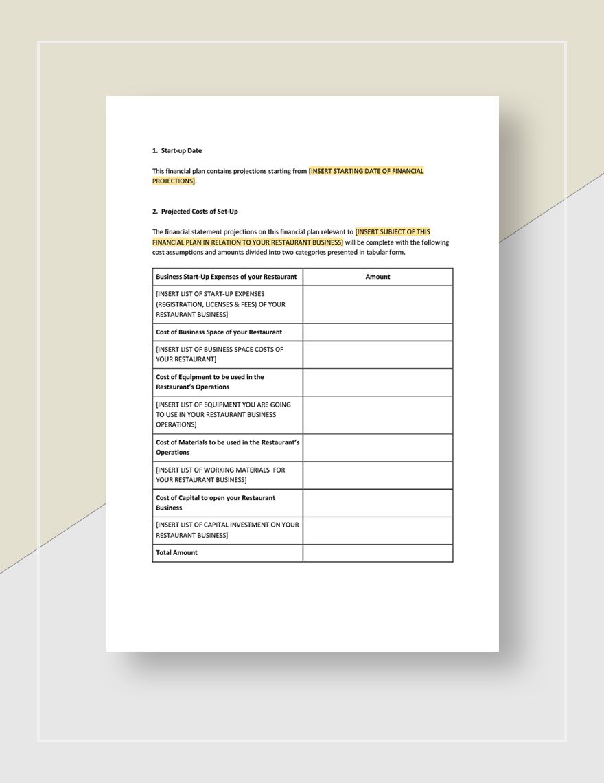 Restaurant Financial Plan Template in Pages Word Google Docs