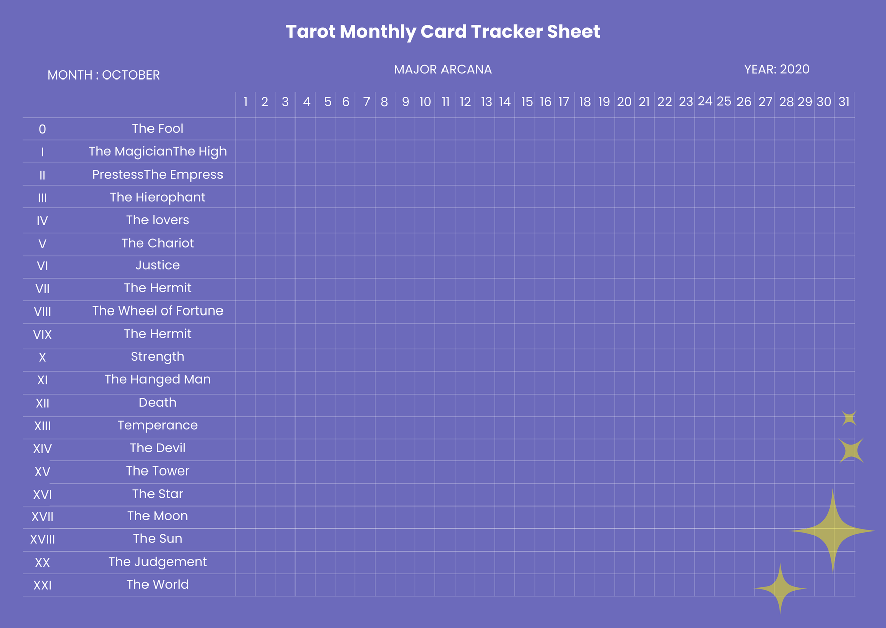 Tarot Monthly Card Tracker Sheet
