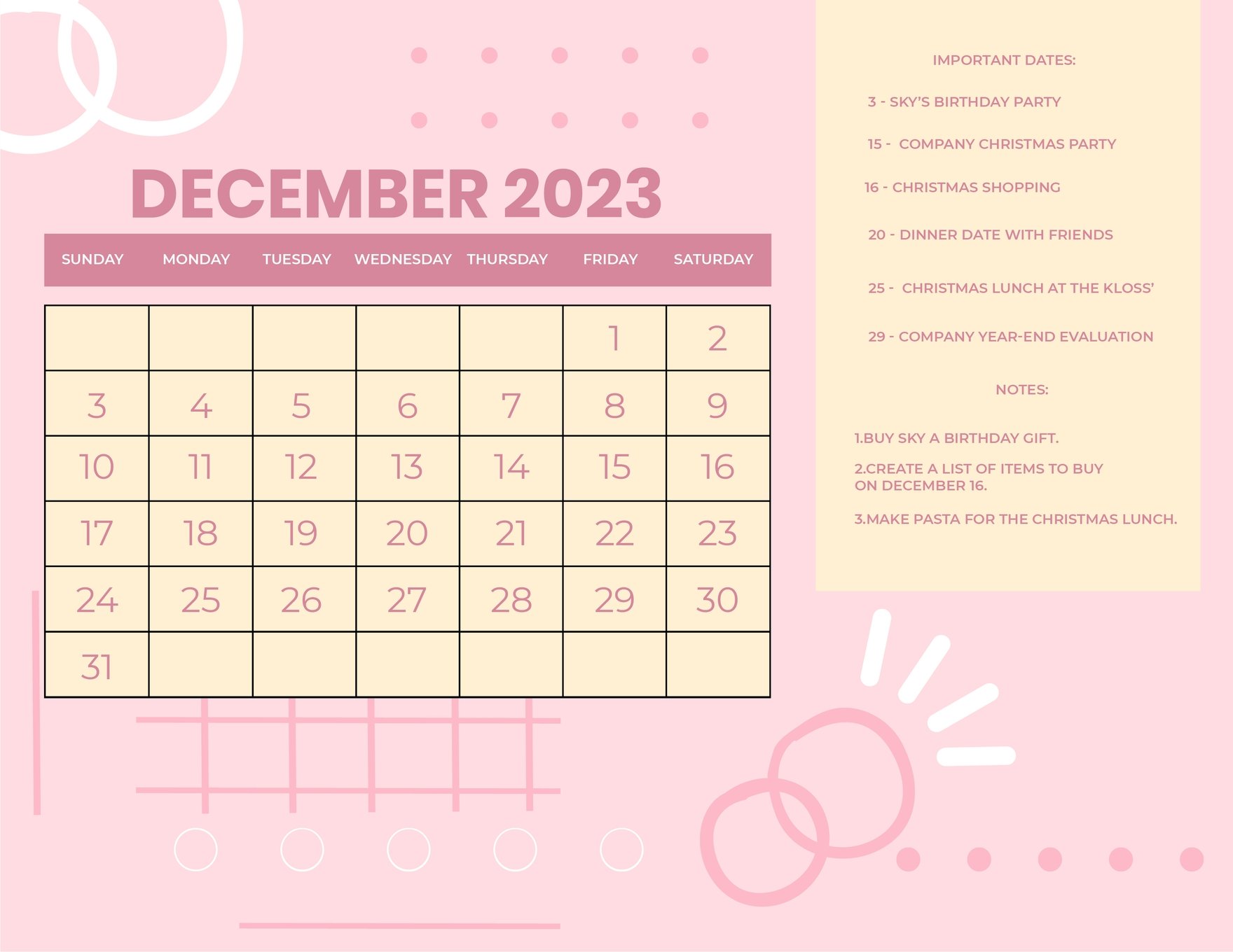 Pink December 2023 Calendar in Word, Google Docs, Illustrator, EPS, SVG, JPG