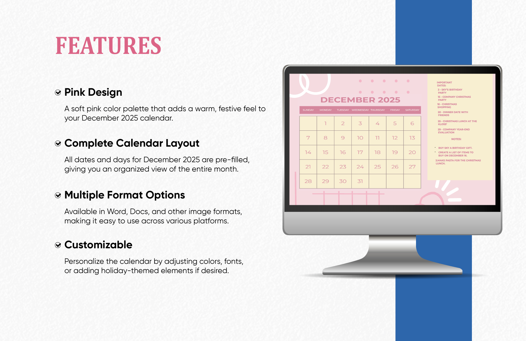 Pink December 2025 Calendar