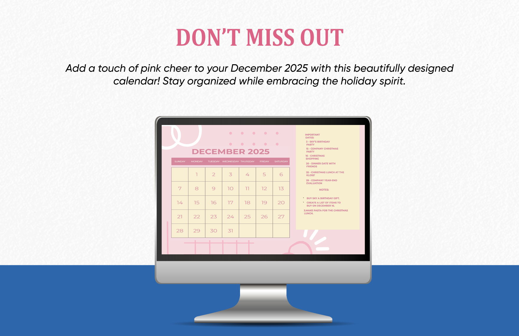 Pink December 2025 Calendar