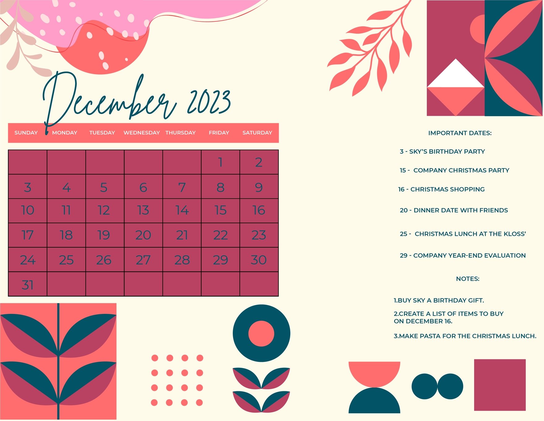 Calligraphy December 2023 Calendar