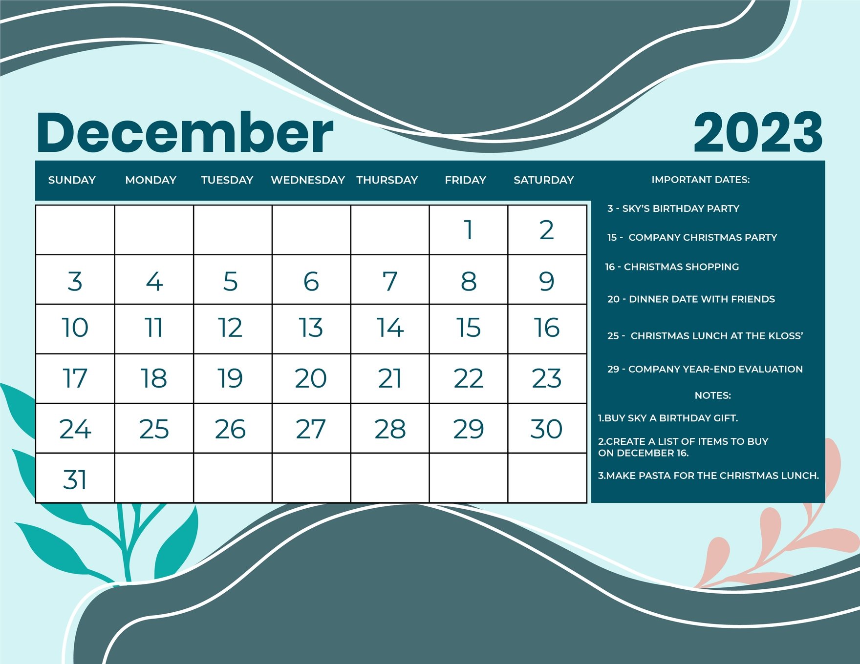 Simple December 2023 Calendar in Word, Google Docs, Illustrator, EPS, SVG, JPG