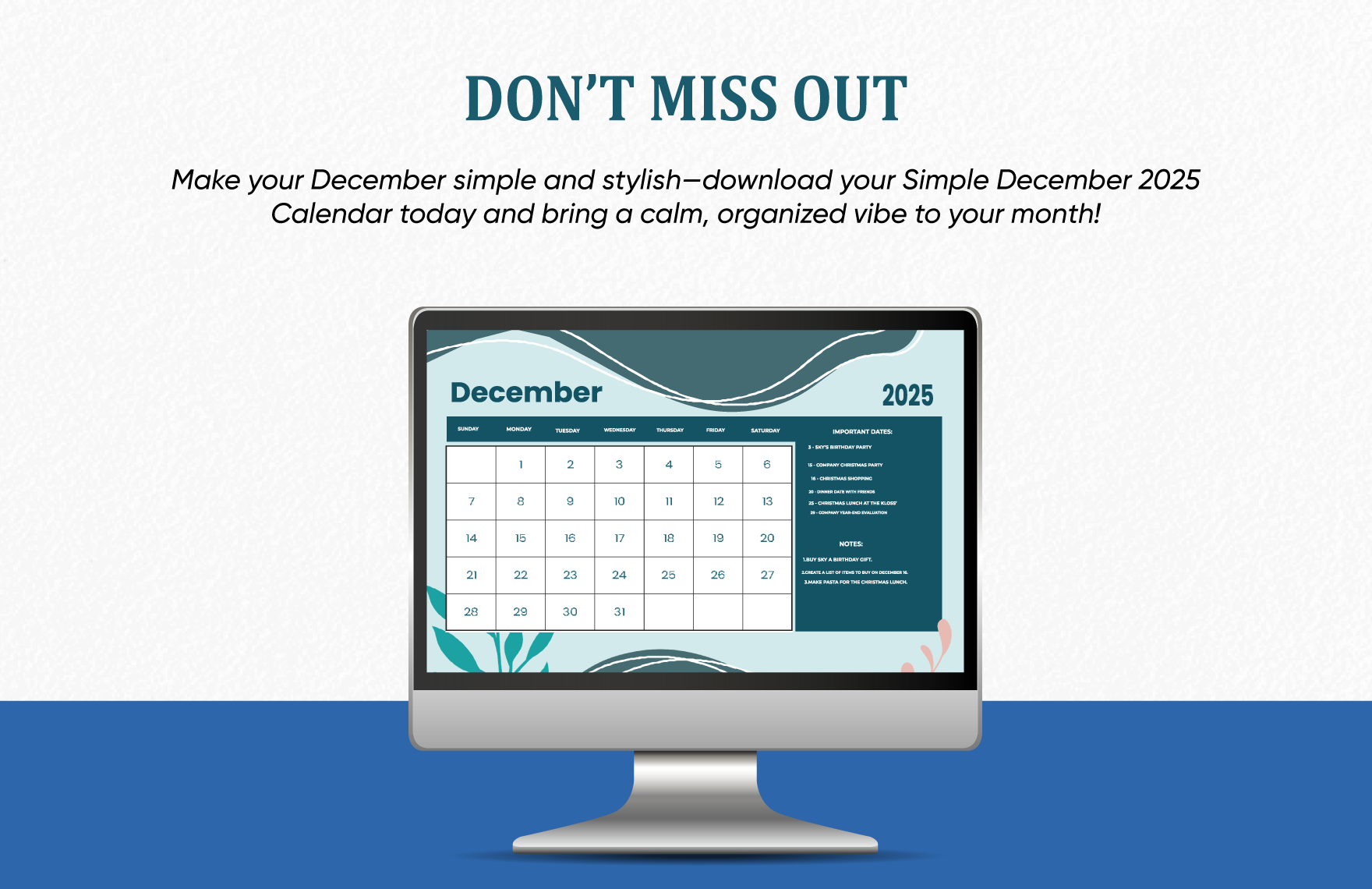 Simple December 2025 Calendar