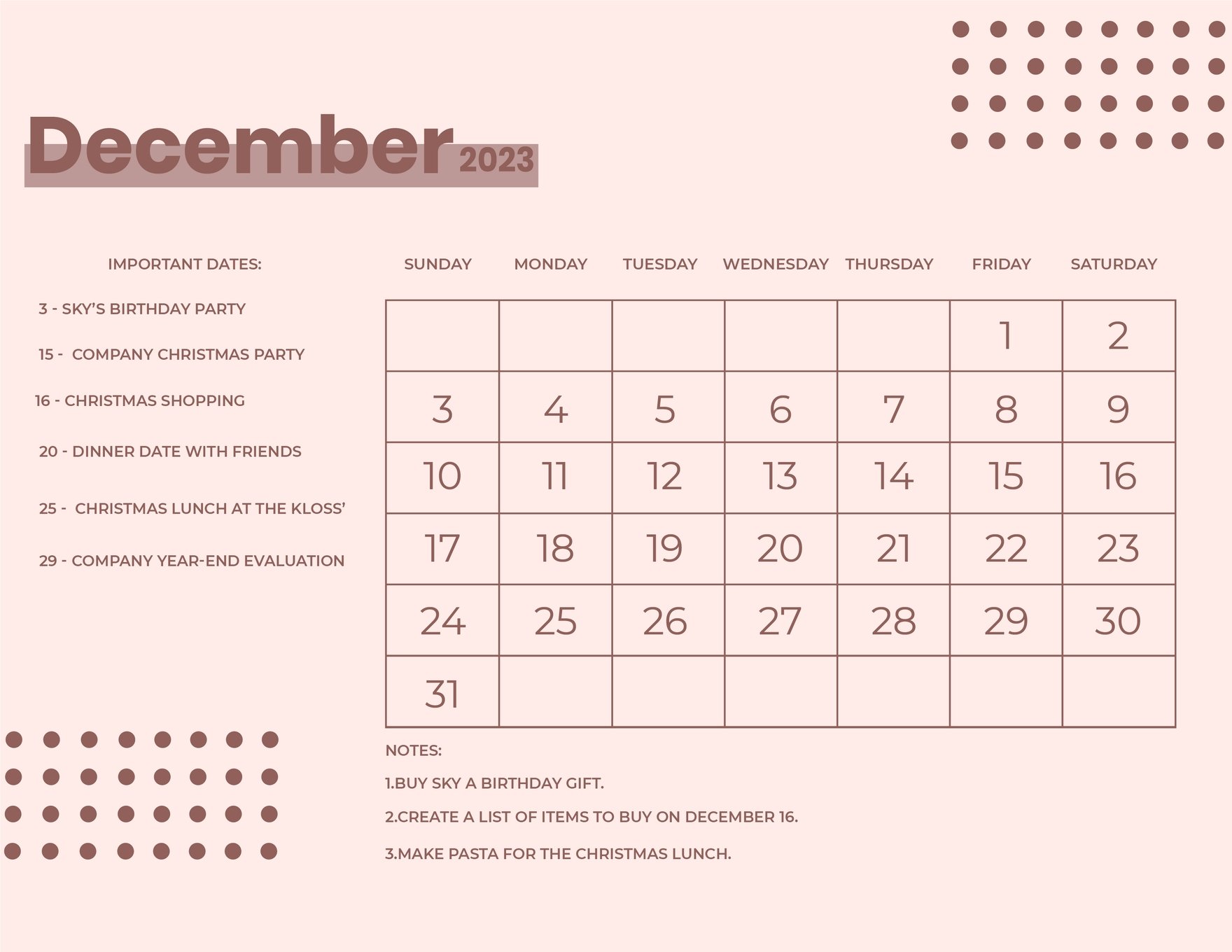 Printable December 2023 Monthly Calendar in Word, Google Docs, Illustrator, EPS, SVG, JPG