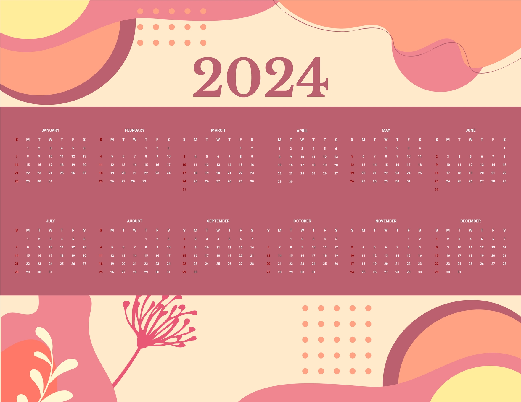 Year 2024 Calendar in EPS, Illustrator, JPG, MS Word, SVG, GDocsLink